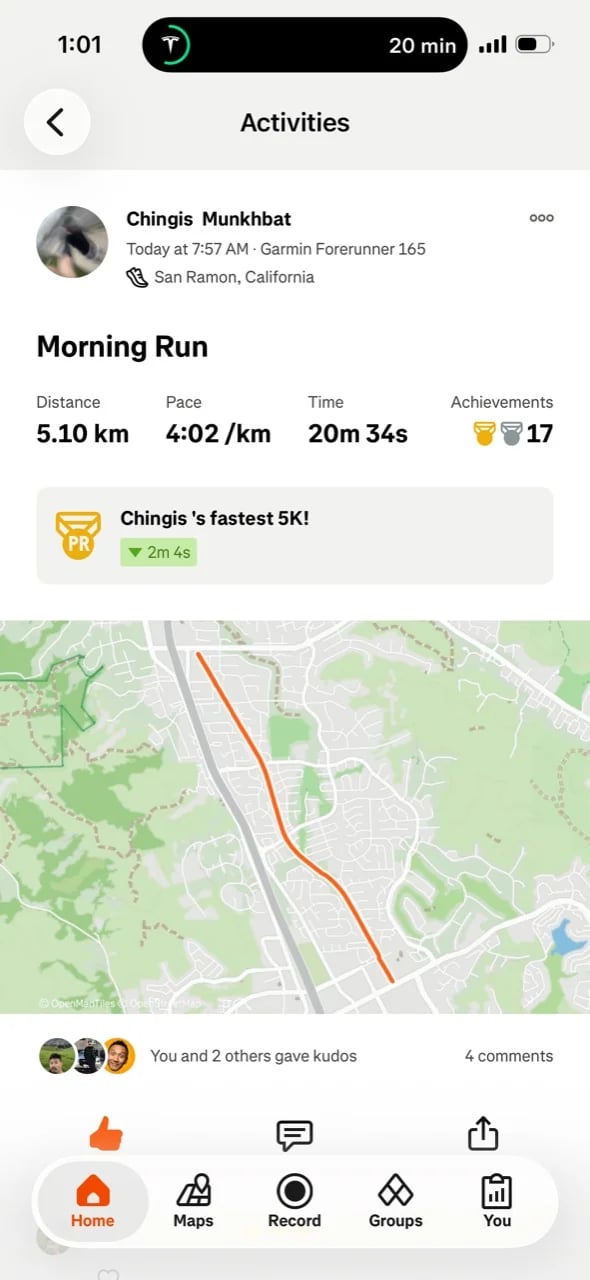 Strava activity summary for Chingis Munkhbat’s 5.10 kilometer morning run in San Ramon