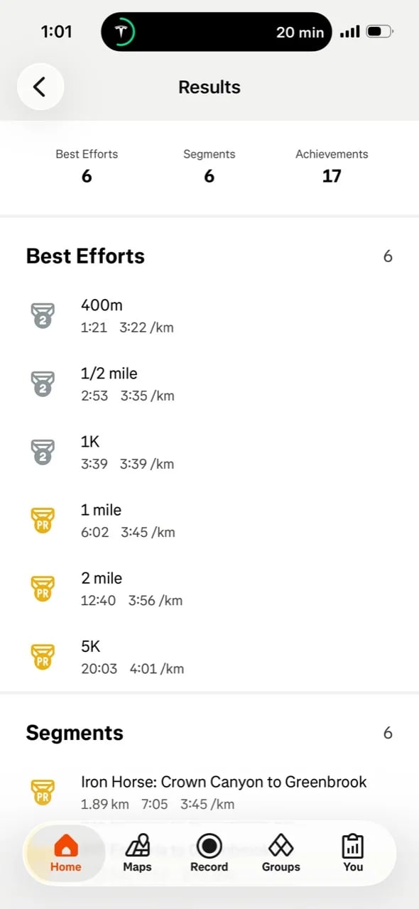 Strava best efforts showing personal records for Chingis Munkhbat’s one mile, two mile, and 5K distances