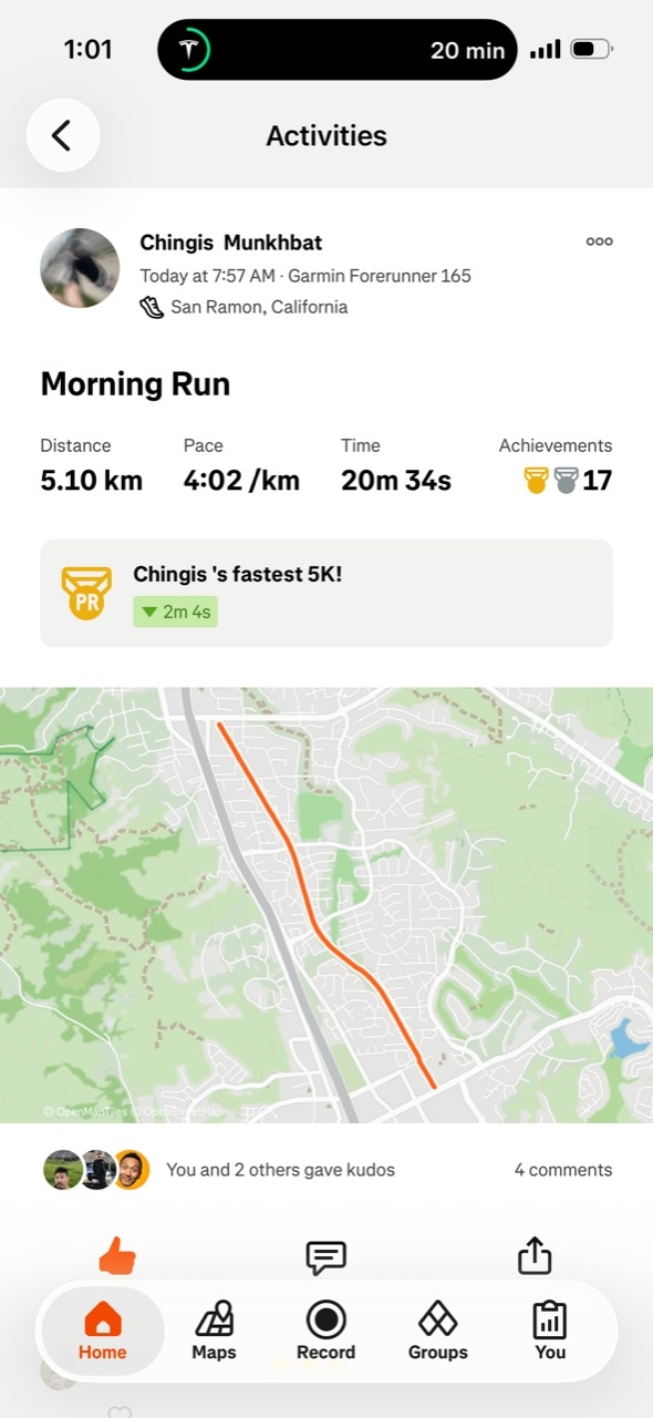 Strava activity summary for Chingis Munkhbat’s 5.10 kilometer morning run in San Ramon