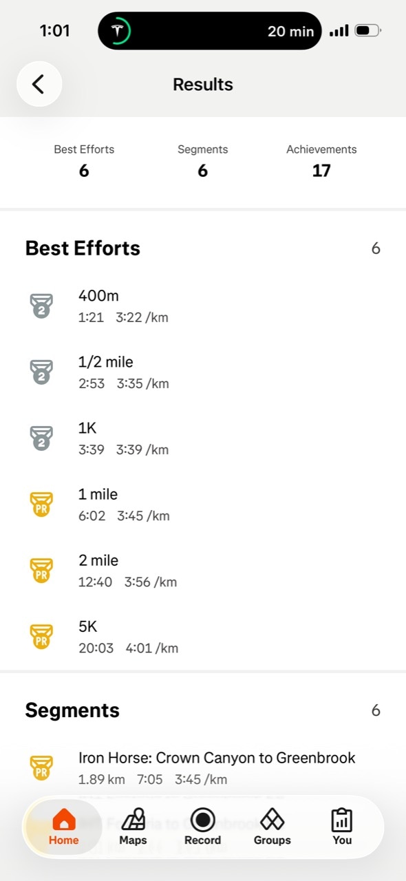 Strava best efforts showing personal records for Chingis Munkhbat’s one mile, two mile, and 5K distances