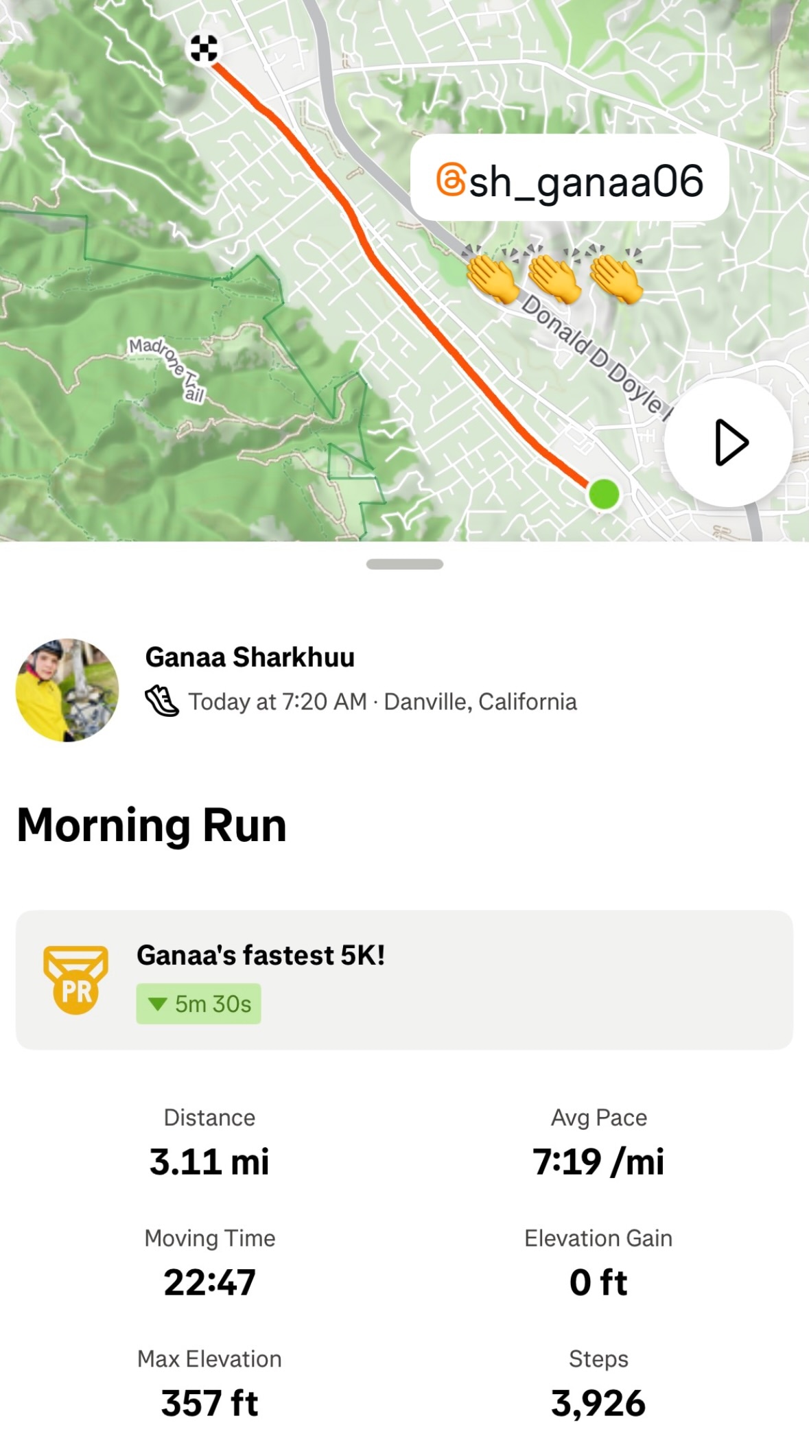 Ganaa Sharkhuu’s Strava morning run in Danville showing his fastest 5K achievement and 3.11 miles in 22:47