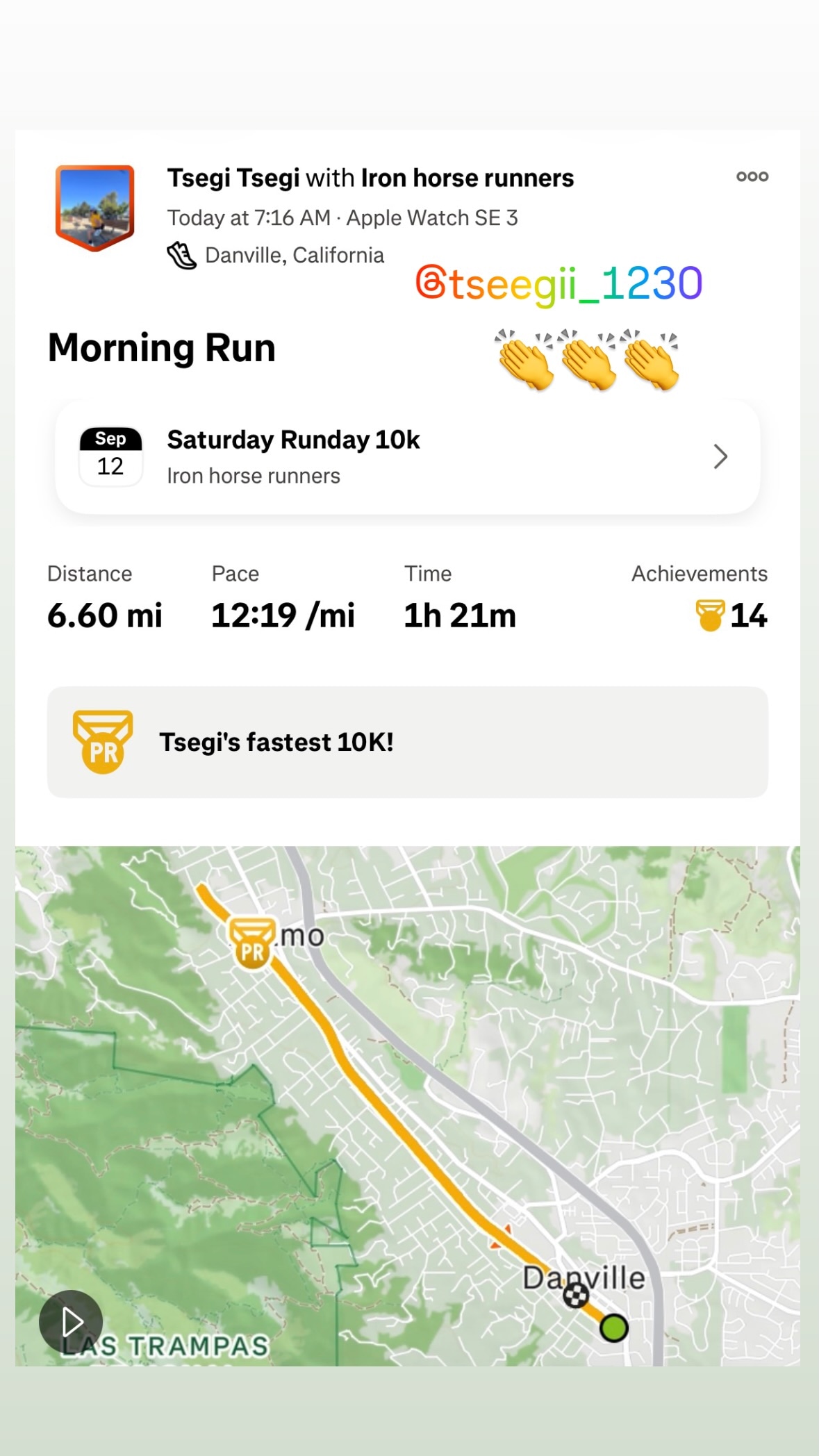 Tseegii’s Strava activity showing her fastest 10K achievement during the September 12 Saturday Runday in Danville